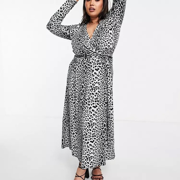 ASOS DESIGN Curve midi wrap dress in grey leopard print Size 14 - Picture 7 of 11